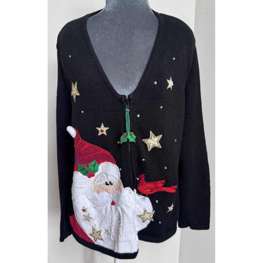 Vtg Christmas Cardigan Sweater XL Knit Full Zip Appliqué Cardinal Santa Novelty - Picture 8 of 16